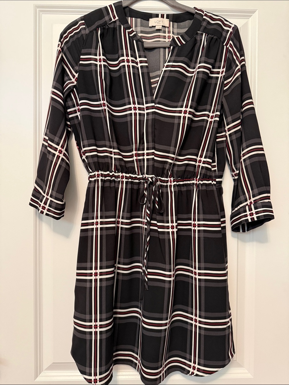 LOFT Black Plaid Drawstring Midi Dress with White and Burgundy Stripes